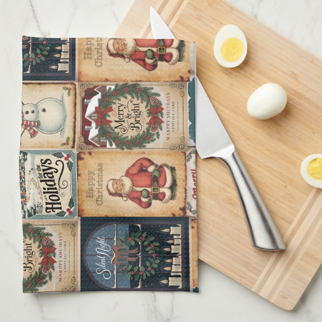 Vintage Christmas Collage Festive Holiday Kitchen  Tea Towel (Quarter Fold)