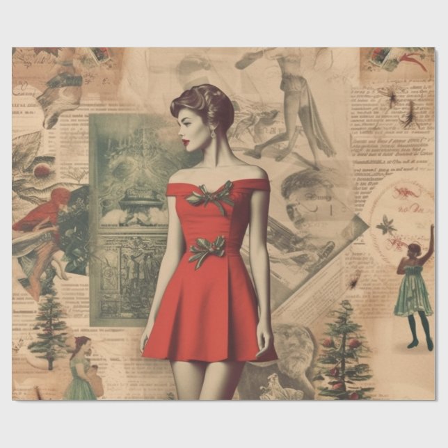  Vintage Christmas Collage Lady in Red Gift Wrap (Flat)
