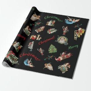 Vintage Christmas Collage On Black Background Wrapping Paper