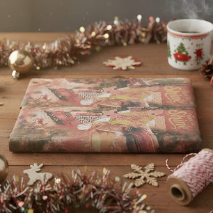 Vintage Christmas Collage Toy Train Red Tissue Paper