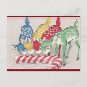 Vintage Christmas Colourful Deer Eating Candy Cane Holiday Postcard
