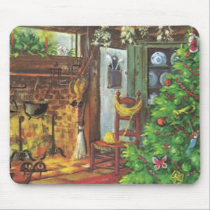Vintage Christmas, Cosy Log Cabin with Fireplace Mouse Pad