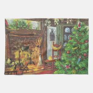 Vintage Christmas, Cosy Log Cabin with Fireplace Tea Towel