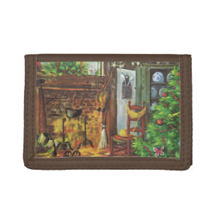 Vintage Christmas, Cosy Log Cabin with Fireplace Tri-fold Wallet