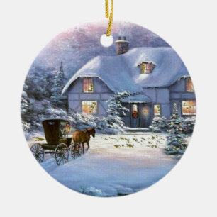 Vintage Christmas Cottage Ceramic Tree Decoration