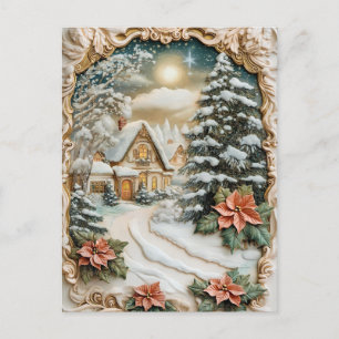 Vintage Christmas Cottage with Poinsettia Flowers Holiday Postcard