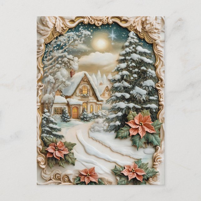 Vintage Christmas Cottage with Poinsettia Flowers  Holiday Postcard (Front)