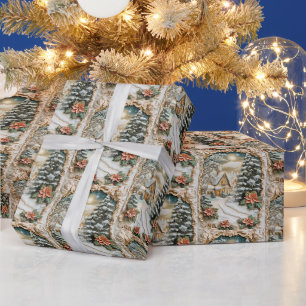 Vintage Christmas Cottage with Poinsettia Flowers Wrapping Paper