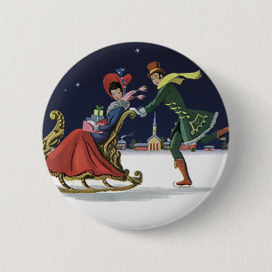 Vintage Christmas, Couple in Love Ice Skating 6 Cm Round Badge