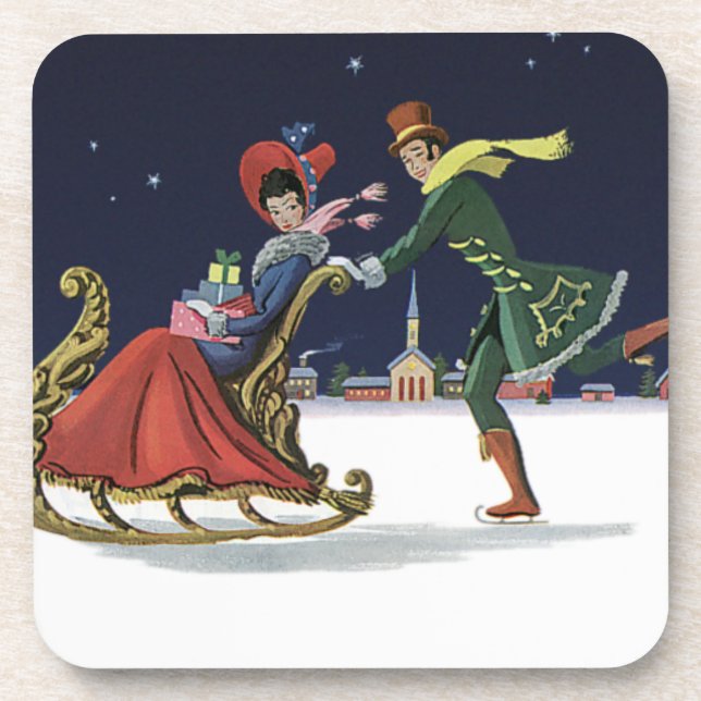 Vintage Christmas, Couple in Love Ice Skating Coaster (Front)