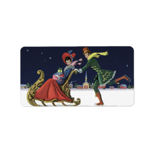 Vintage Christmas, Couple in Love Ice Skating Label