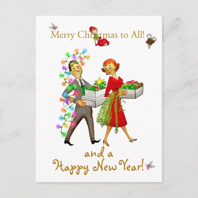 Vintage Christmas couple Merry Christmas greeting Postcard (Front)