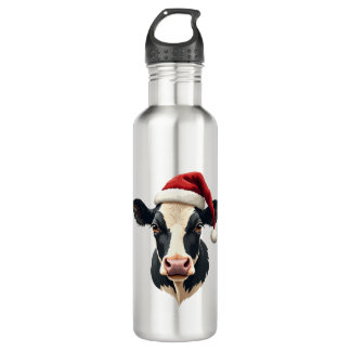 Vintage Christmas Cow Head with Santa Hat Farm Ani 710 Ml Water Bottle
