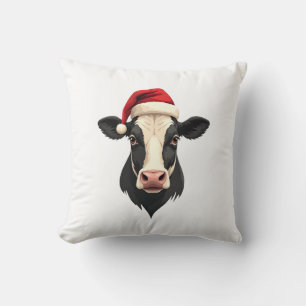 Vintage Christmas Cow Head with Santa Hat Farm Ani Cushion