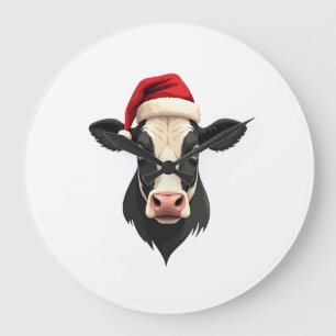 Vintage Christmas Cow Head with Santa Hat Farm Ani Large Clock