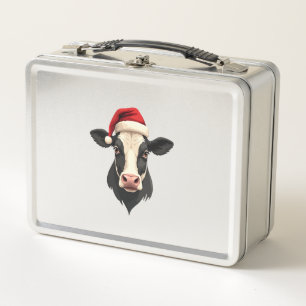 Vintage Christmas Cow Head with Santa Hat Farm Ani Metal Lunch Box