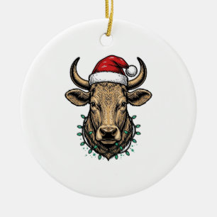 Vintage Christmas Cow Santa Hat Holiday Shirt_1 Ceramic Ornament