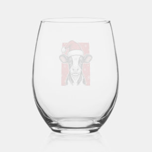 Vintage Christmas Cow Santa Hat Holiday Shirt (2)_ Stemless Wine Glass