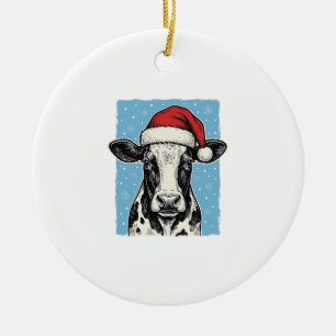 Vintage Christmas Cow Santa Hat Vector Design_1 Ceramic Ornament