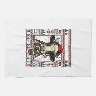 Vintage Christmas Cow Ugly Sweater Shirt Design_1 Tea Towel