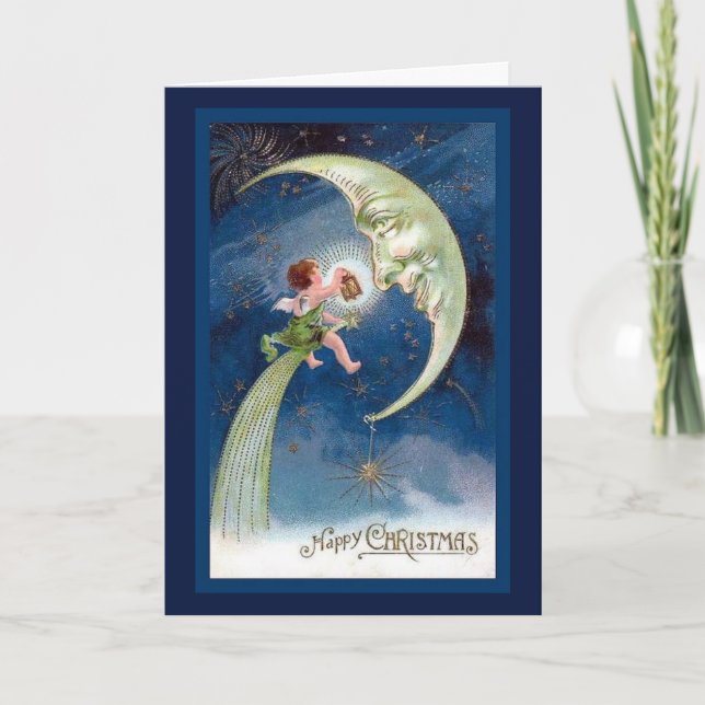 Vintage Christmas Crescent Moon w/cherub Holiday Card (Front)