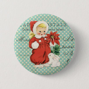 Vintage Christmas Cute Girl Poinsettia Mint Dots 6 Cm Round Badge
