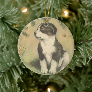 Vintage Christmas, Cute Puppy Under Christmas Tree Ceramic Ornament
