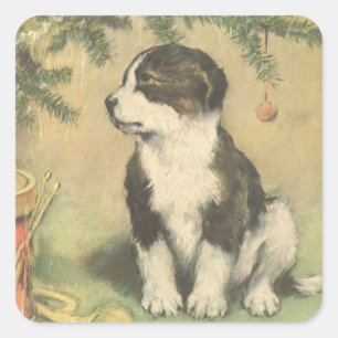Vintage Christmas, Cute Puppy Under Christmas Tree Square Sticker