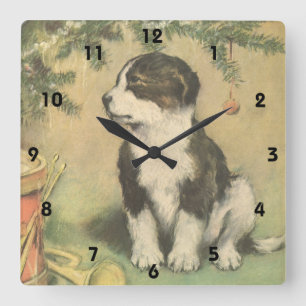 Vintage Christmas, Cute Puppy Under Christmas Tree Square Wall Clock