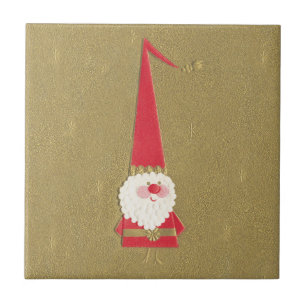 Vintage Christmas, Cute Santa Claus Gnome on Gold Ceramic Tile