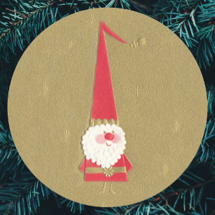 Vintage Christmas, Cute Santa Claus Gnome on Gold Classic Round Sticker