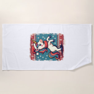 Vintage Christmas Dabbing Unicorn Rainbow Holiday  Beach Towel
