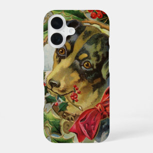 Vintage Christmas, Dachshund Puppy Dog with Holly iPhone 16 Case