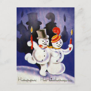 Vintage Christmas Dancing Snowmen with Candles Holiday Postcard