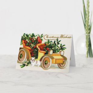 Vintage Christmas Decorated Wagon with Cute Puppy Card