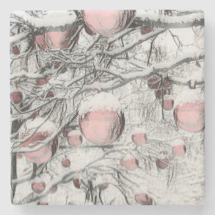 Vintage Christmas Decorations in Snowed Trees Stone Coaster