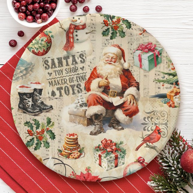 Vintage Christmas Decoupage Paper Plate (A festive Christmas Santa Claus party plate.)