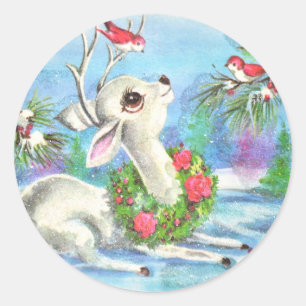 Vintage Christmas Deer And Birds Classic Round Sticker