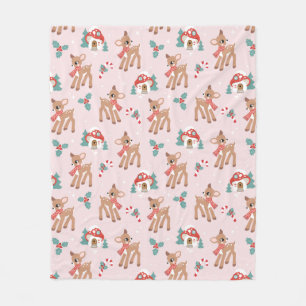 Vintage Christmas Deer and Mushroom Houses Pattern Fleece Blanket