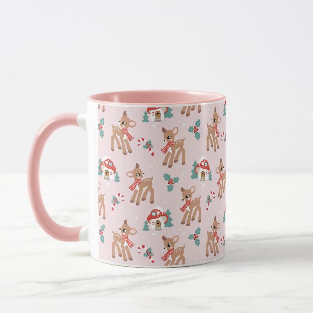 Vintage Christmas Deer and Mushroom Houses Pattern Mug (Left)