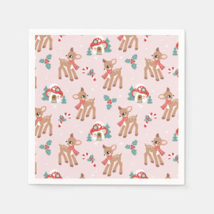 Vintage Christmas Deer and Mushroom Houses Pattern Napkin