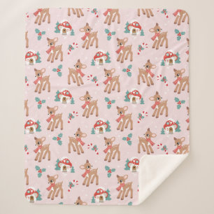 Vintage Christmas Deer and Mushroom Houses Pattern Sherpa Blanket