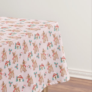 Vintage Christmas Deer and Mushroom Houses Pattern Tablecloth