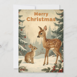 Vintage Christmas Deer and Rabbit Holiday Card