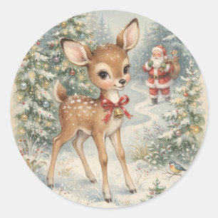 Vintage Christmas Deer and Santa Holiday Wonderlan Classic Round Sticker