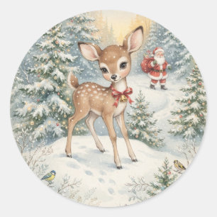 Vintage Christmas Deer and Santa Holiday Wonderlan Classic Round Sticker