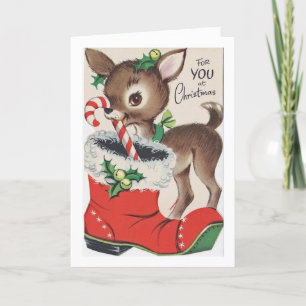 Vintage - Christmas Deer Brings Candy Cane, Holiday Card