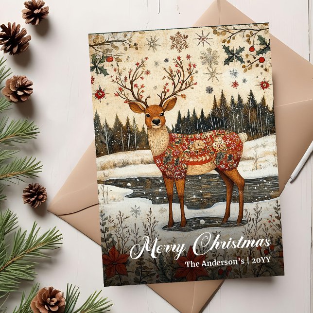 Vintage Christmas deer card traditional holiday (Vintage Christmas tree card traditional holiday)