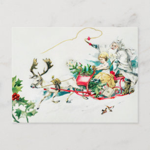 Vintage Christmas Deer Cart Painting Holiday Postcard