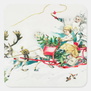 Vintage Christmas Deer Cart Painting Holiday Square Sticker